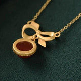 Retro Chinese Red Tourmaline Round Bow Pendant Necklace