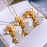 Silver Inlaid Hetian Chalcedony Mouse Pendant Necklace