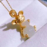 Silver Inlaid Hetian Chalcedony Mouse Pendant Necklace