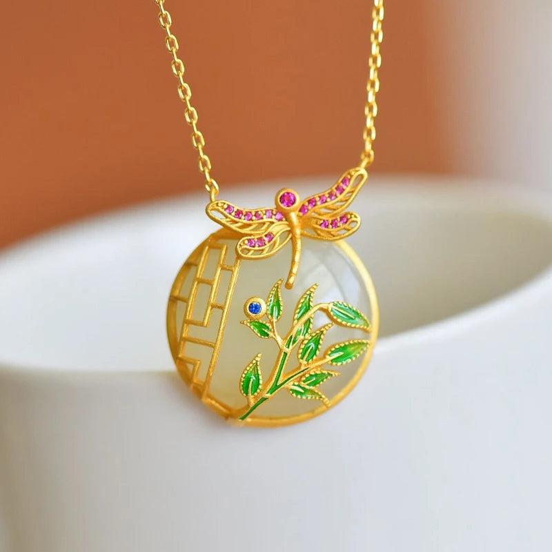 Jade Round Pendant Silver Crafted Necklace with Enamel Bamboo Leaf Design