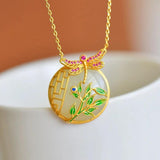 Jade Round Pendant Silver Crafted Necklace with Enamel Bamboo Leaf Design