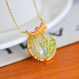 Jade Round Pendant Silver Crafted Necklace with Enamel Bamboo Leaf Design