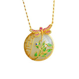 Jade Round Pendant Silver Crafted Necklace with Enamel Bamboo Leaf Design