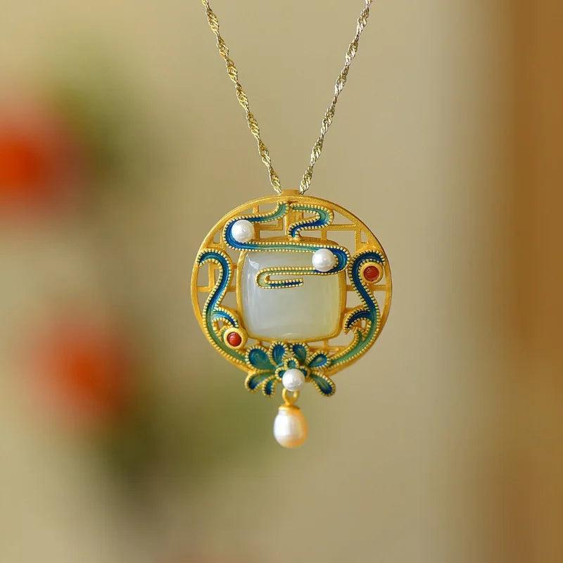 Natural Hetian Jade Tassel Pendant Clavicle Chain Silver Jewelry