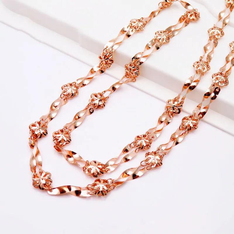 Rose Gold Chunky Necklace Double Flower Twist Rope Chain