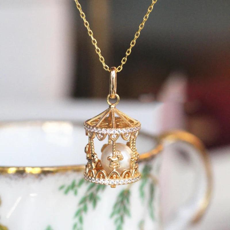 Romantic Silver Merry-Go-Round Pendant Necklace with Diamond and Pearl