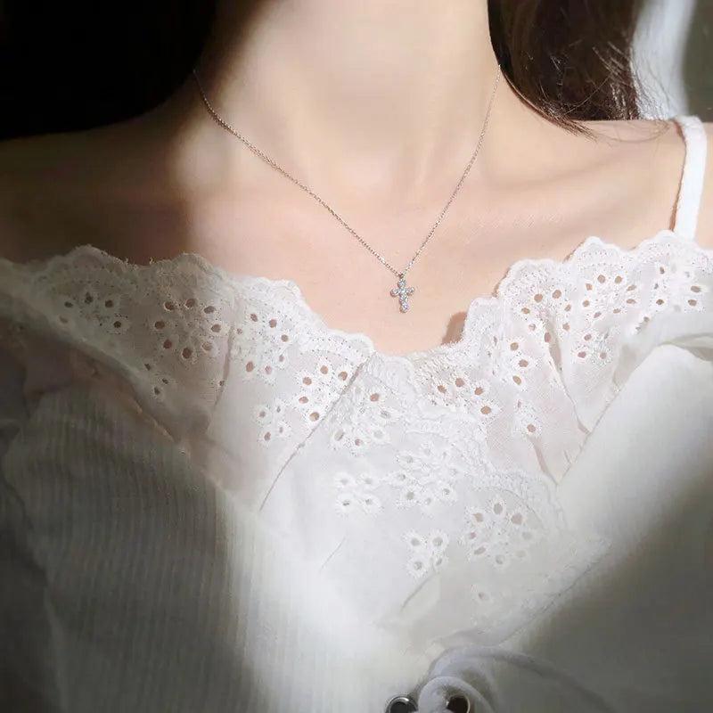 925 Silver Pav? Crystal Cross Pendant Necklace Classic Wedding Party Jewelry