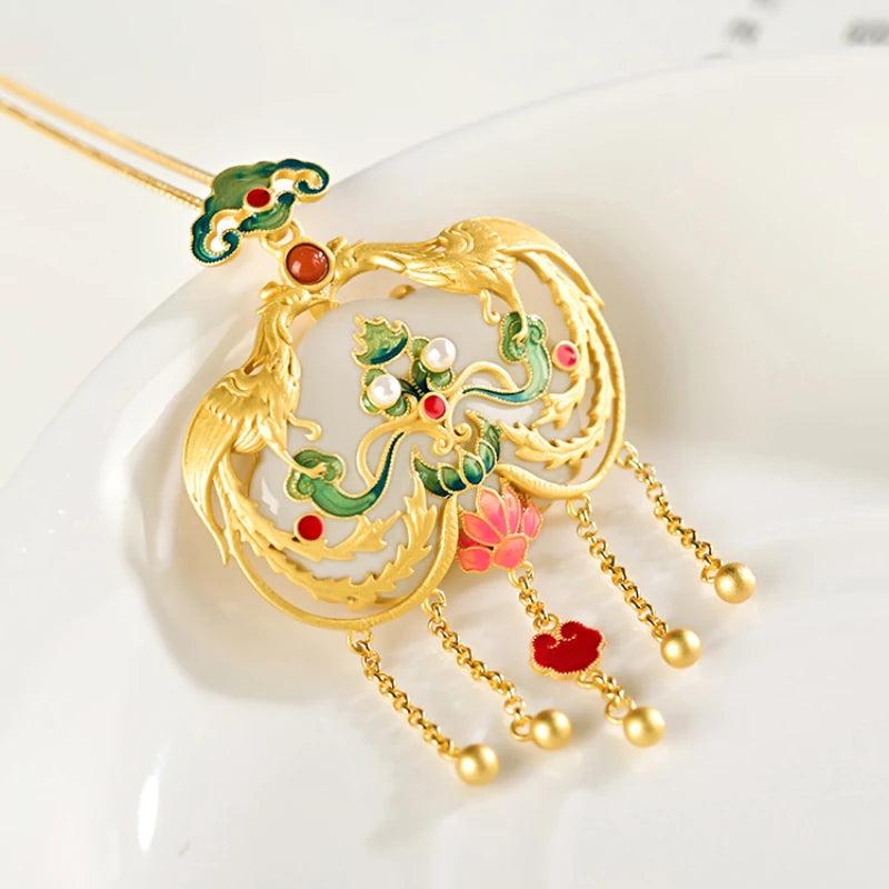 Hetian Jade Enamel Phoenix Pendant Tassel Necklace Wedding Jewelry