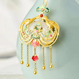 Hetian Jade Enamel Phoenix Pendant Tassel Necklace Wedding Jewelry