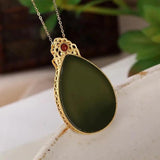 Handcrafted Hetian Green Chalcedony Drop Pendant Necklace