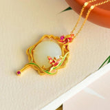 Hetian Jade Enamel Porcelain Flower Pendant Chinese Fan Shape Necklace