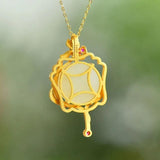Hetian Jade Enamel Porcelain Flower Pendant Chinese Fan Shape Necklace
