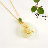 3D Inlaid Hetian Jade Dolphin Pisces Pendant Necklace Retro Chinese Jewelry