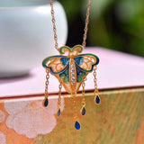 Hetian Jade Enamel Butterfly Pendant Necklace with Tassel