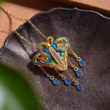 Hetian Jade Enamel Butterfly Pendant Necklace with Tassel