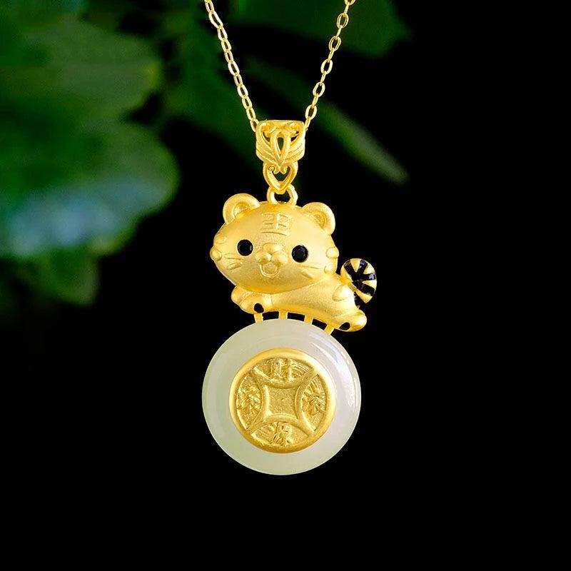 Silver Inlaid Hetian Jade Little Tiger Necklace