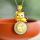 Silver Inlaid Hetian Jade Little Tiger Necklace