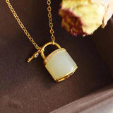 Silver Inlaid Hetian Jade Lock Chain Necklace Women's Pendant