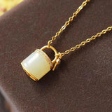 Silver Inlaid Hetian Jade Lock Chain Necklace Women's Pendant