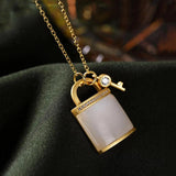 Silver Inlaid Hetian Jade Lock Chain Necklace Women's Pendant