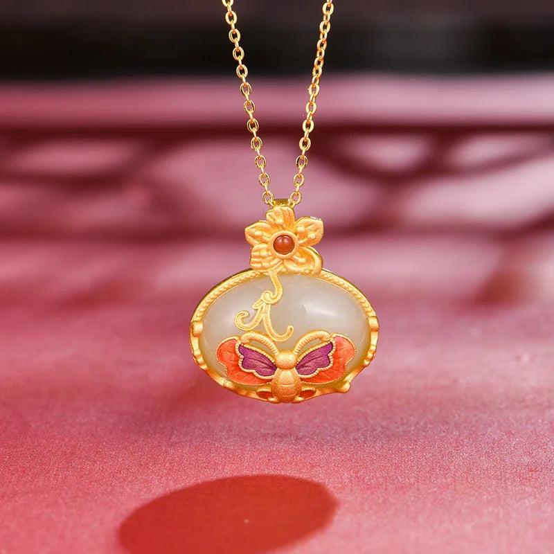 Hetian Jade Oval Pendant Ethnic Necklace