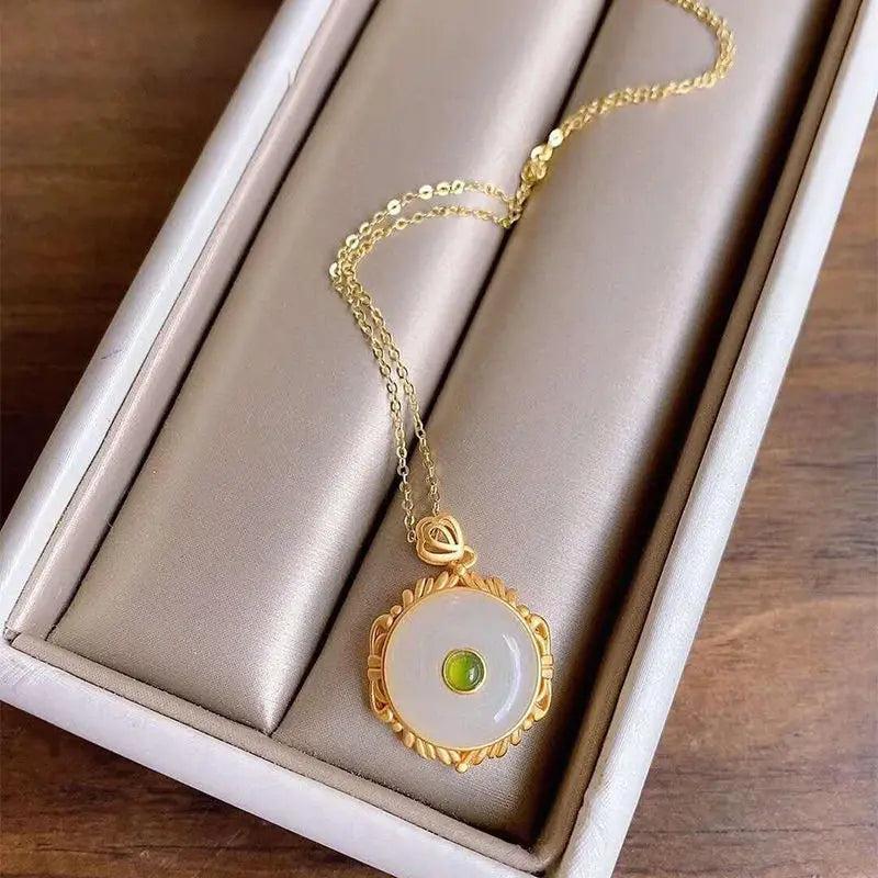 Silver Inlaid Hetian Jade Pendant Necklace Chinese Retro Craft Women's Jewelry