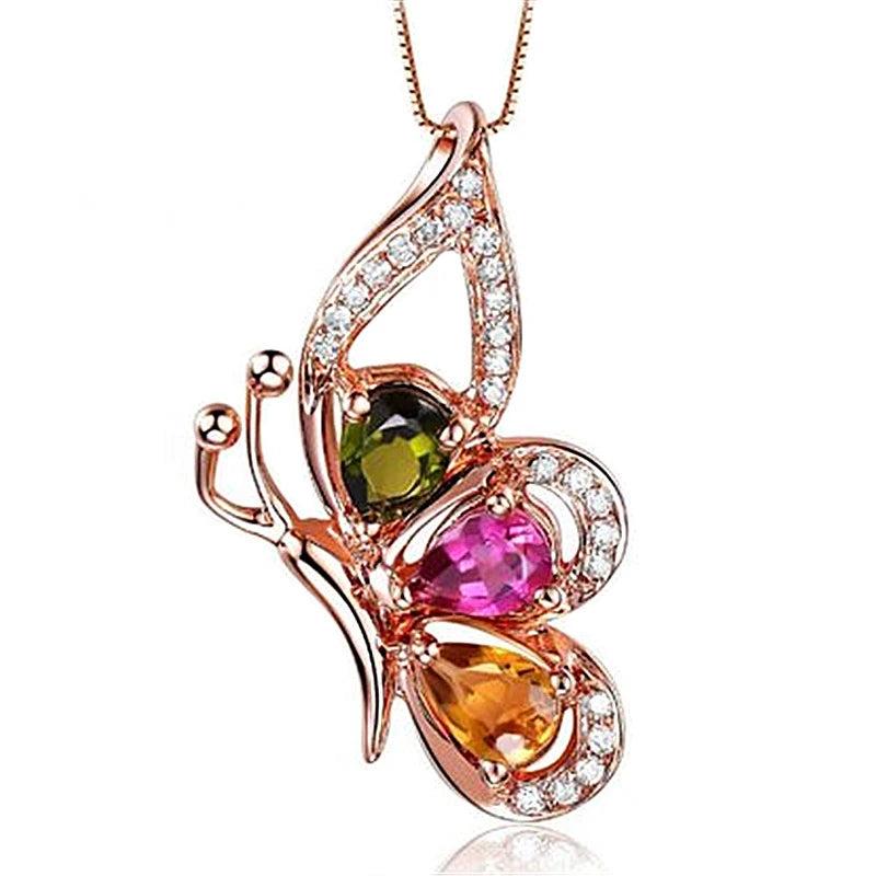 RoseGold Crystal Butterfly Pendant Necklace for Women