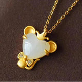 Silver Inlaid Hetian Jade Mouse Pendant Necklace Chinese Craft Women's Jewelry