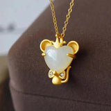 Silver Inlaid Hetian Jade Mouse Pendant Necklace Chinese Craft Women's Jewelry