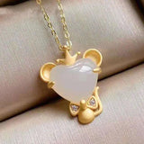 Silver Inlaid Hetian Jade Mouse Pendant Necklace Chinese Craft Women's Jewelry