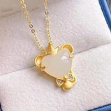 Silver Inlaid Hetian Jade Mouse Pendant Necklace Chinese Craft Women's Jewelry