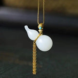 Chinese Silver Inlaid Hetian Jade Gourd Pendant Necklace