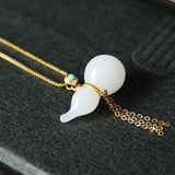 Chinese Silver Inlaid Hetian Jade Gourd Pendant Necklace