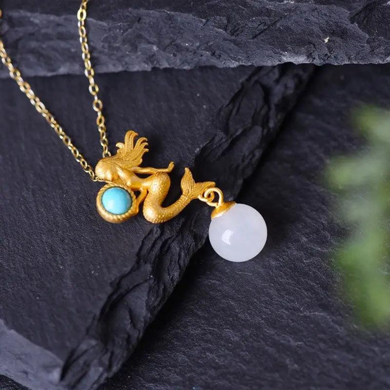 Silver Hotan Jade Mermaid Pendant Necklace Chinese Craft Women's Gift