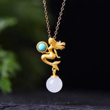 Silver Hotan Jade Mermaid Pendant Necklace Chinese Craft Women's Gift
