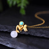 Silver Hotan Jade Mermaid Pendant Necklace Chinese Craft Women's Gift