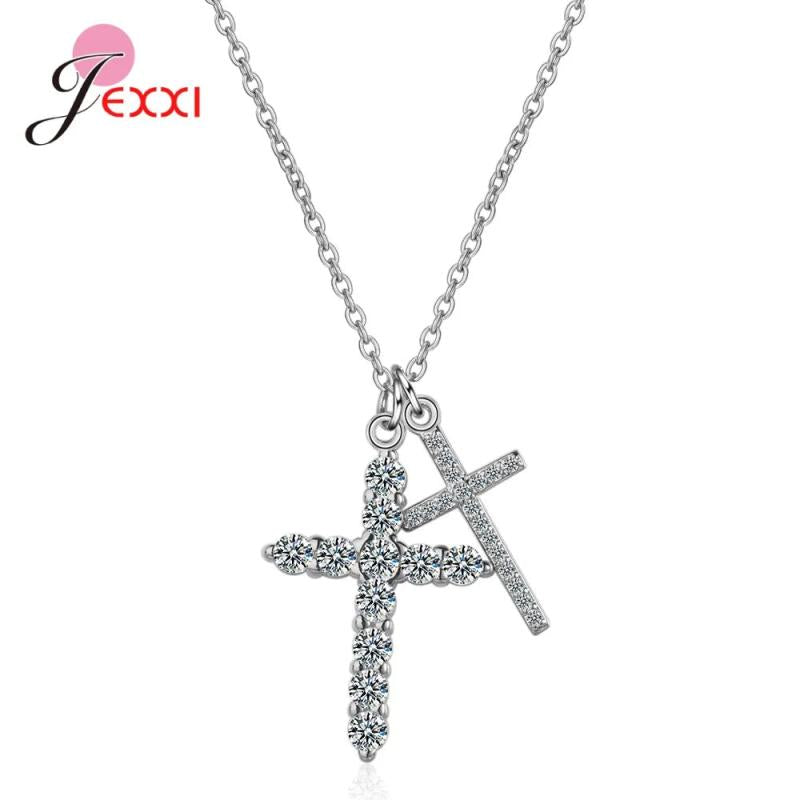 925 Silver Crossing Pendant Necklace Crystal Wedding Chain Necklace