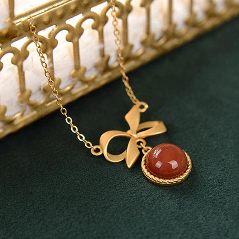Red Tourmaline Round Bow Pendant Necklace Retro Chinese Jewelry