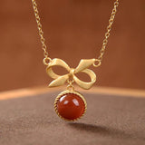 Red Tourmaline Round Bow Pendant Necklace Retro Chinese Jewelry
