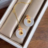 Silver Inlaid Hetian Chalcedony Round Pendant Necklace