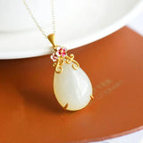 Silver Inlaid Hotan Jade Drop Pendant Necklace Women's Jewelry