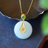 Silver Inlaid Hetian Jade Round Pendant Retro Chinese Bohemian Jewelry