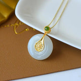 Silver Inlaid Hetian Jade Round Pendant Retro Chinese Bohemian Jewelry