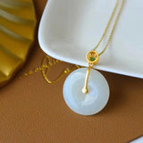 Silver Inlaid Hetian Jade Round Pendant Retro Chinese Bohemian Jewelry