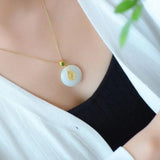 Silver Inlaid Hetian Jade Round Pendant Retro Chinese Bohemian Jewelry