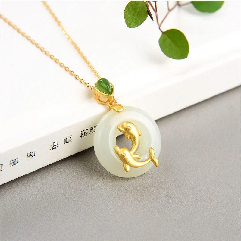3D Hetian Jade Dolphin Pisces Pendant Necklace Chinese Retro Jewelry