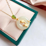 3D Hetian Jade Dolphin Pisces Pendant Necklace Chinese Retro Jewelry
