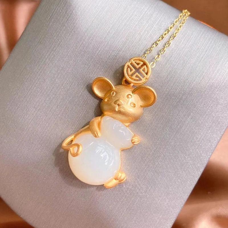 Hetian Chalcedony Mouse Pendant Necklace