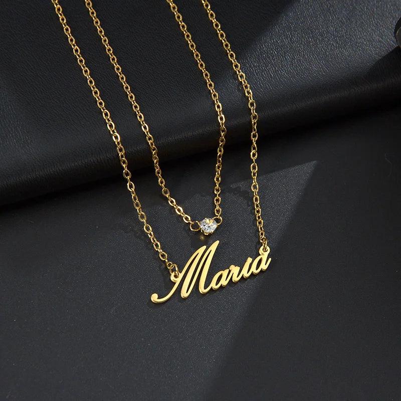 Double Layer Name Necklace Zirconia Pendant Birthday Gift