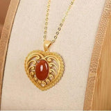 Silver Inlaid Heart-Shaped Pendant Necklace, Chinese Retro Craft Jewelry